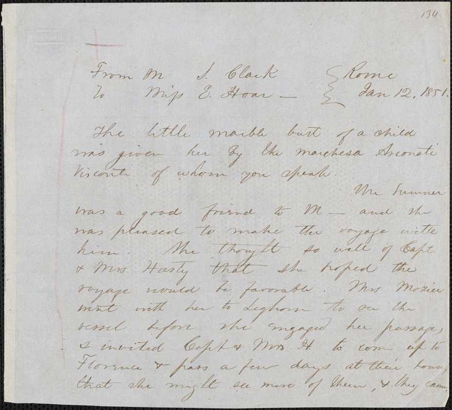 [Sarah Freeman?] Clarke manuscript letter to Elizabeth Hoar, Rome, 12 January 1851