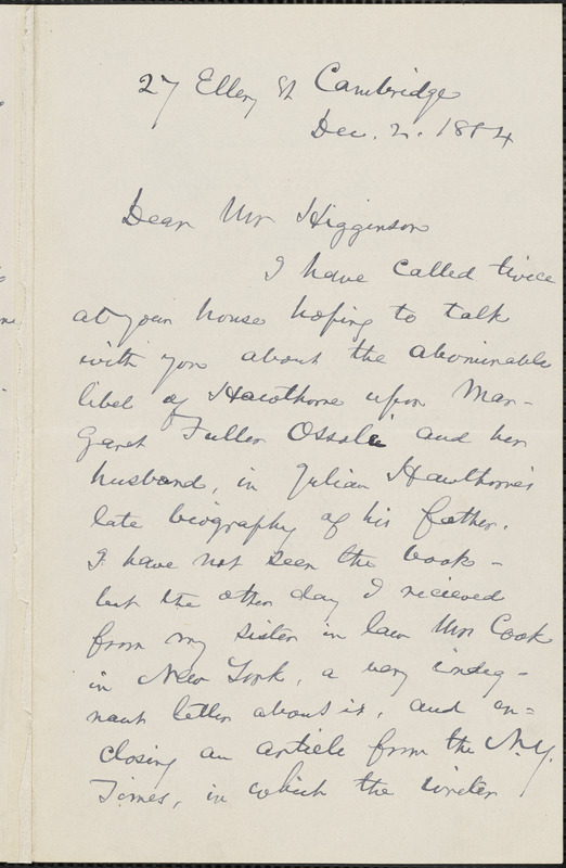 Christopher Pearse Cranch autograph letter signed to Thomas Wentworth Higginson, Cambridge, Mass., 2 December 1884
