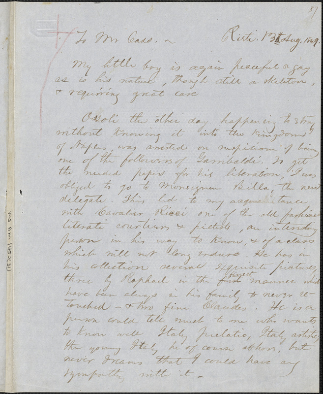 Margaret Fuller manuscript (copy) letter to Lewis Cass, Rieti, Italy, 31 August 1849