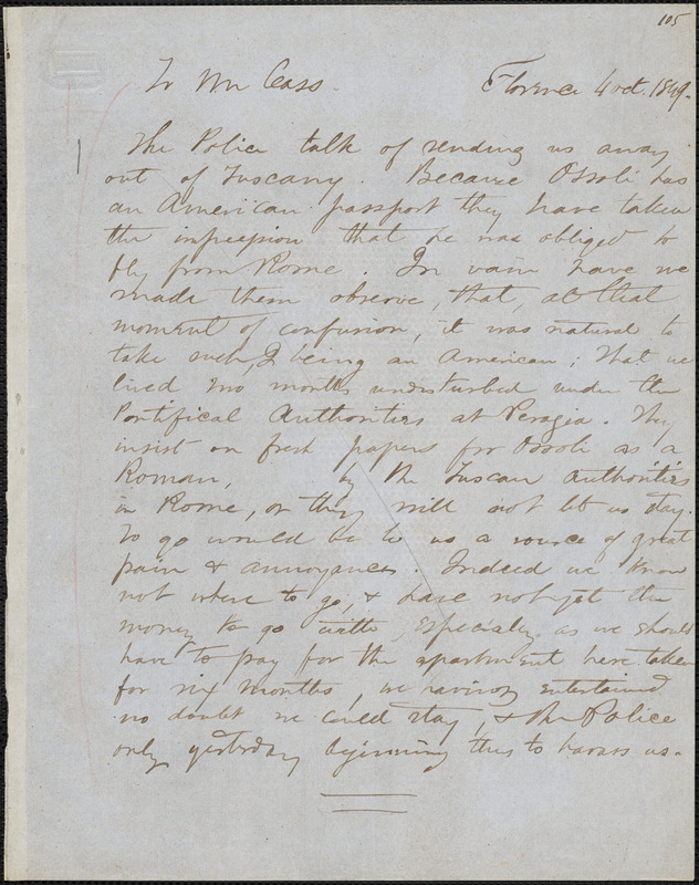 Margaret Fuller manuscript letter to Lewis Cass, Florence., 4 October 1849