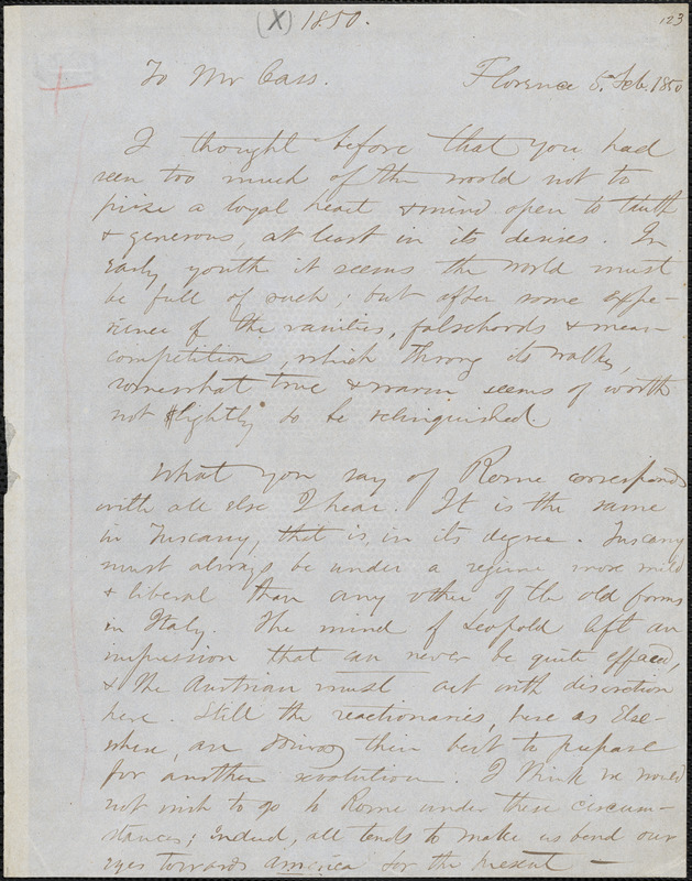 Margaret Fuller manuscript letter to Lewis Cass, Florence, Italy, 5 February. 1850