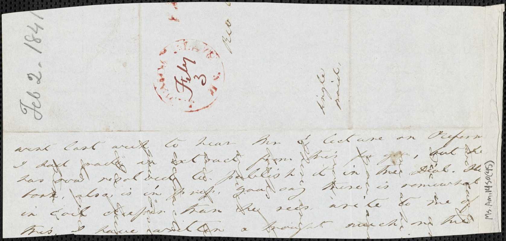 Margaret Fuller autograph letter (fragment) to William Henry Channing, 2 February 1841