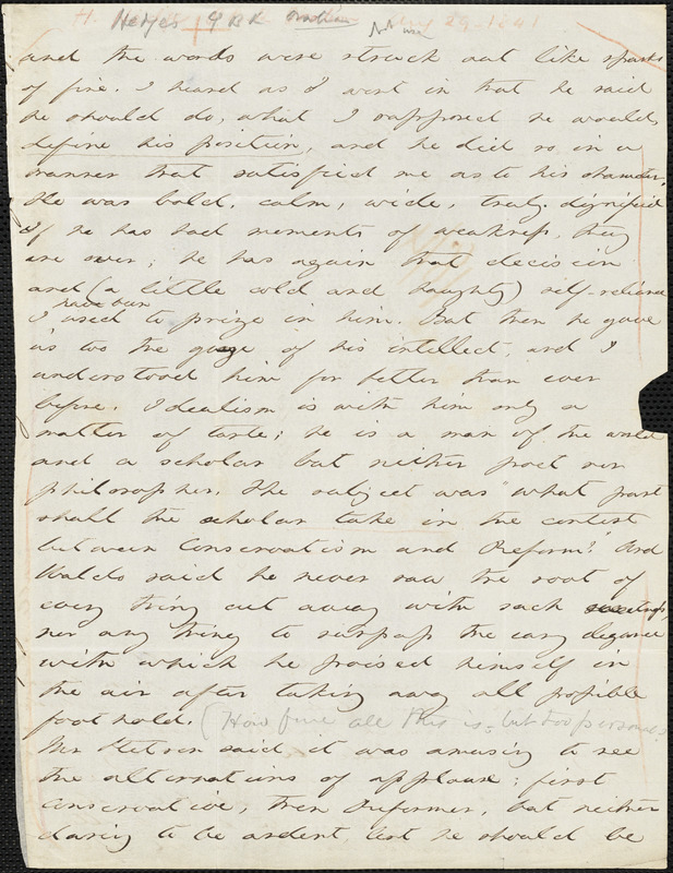 Margaret Fuller autograph letter (incomplete) to William Henry Channing Cambridge, Mass., 29 August 1841