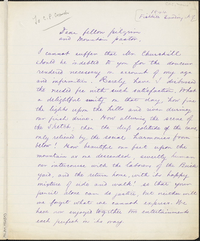Margaret Fuller manuscript (copy) to Christopher Pearse Cranch, Fishkill Landing, N.Y., 14 May 1848