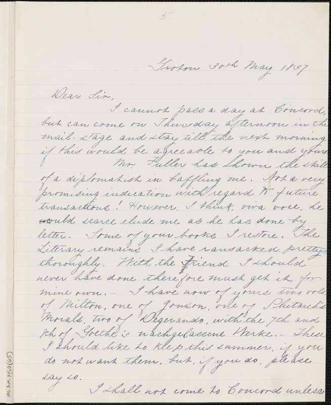 Margaret Fuller manuscript letter (copy) to Ralph Waldo Emerson, Groton, Mass., 30 May 1837