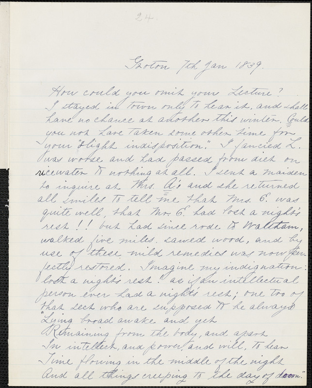 Margaret Fuller, manuscript letter (incomplete copy) to Ralph Waldo Emerson, Groton, Mass., 7 January 1839