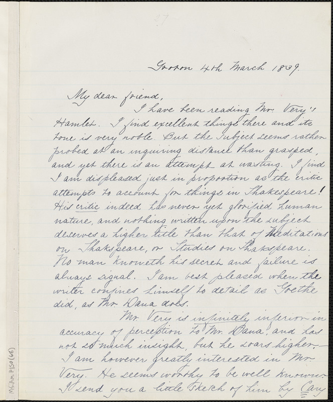 Margaret Fuller manuscript letter (copy) to Ralph Waldo Emerson, Groton ...