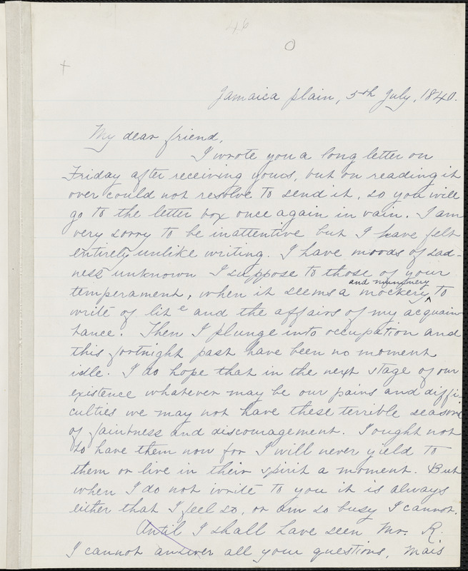 Margaret Fuller manuscript letter (incomplete copy) to Ralph Waldo Emerson, Jamaica Plain, 5 July 1840