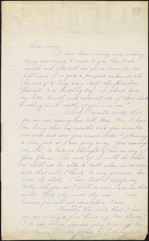 Margaret Fuller manuscript letter (incomplete copy) to Henry Hedge, Boston, 6 April 1837
