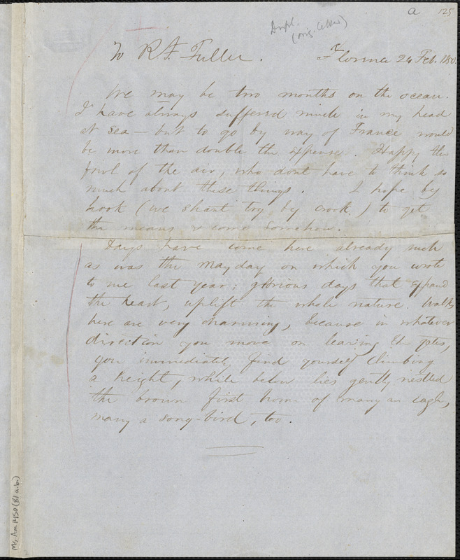 Margaret Fuller, manuscript letter (copy) to Richard Fuller, Florence, 24 February 1850.