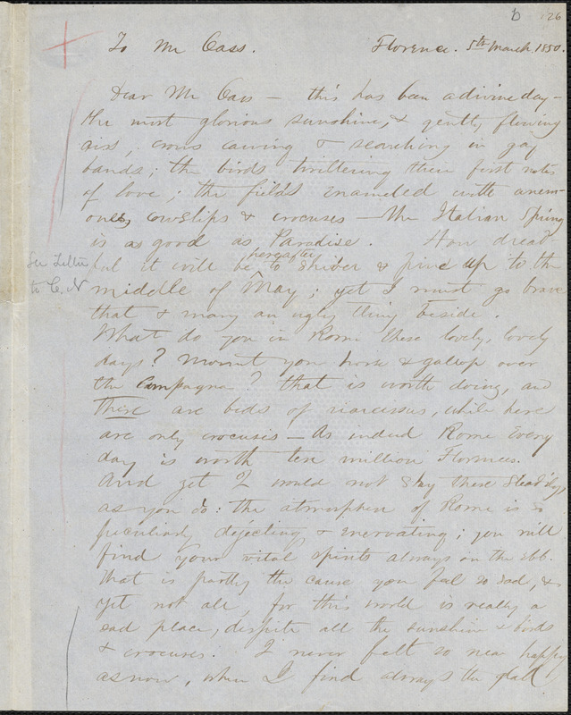 Margaret Fuller, manuscript letter (incomplete copy) to Lewis Cass, Florence, Italy, 5 March 1850.