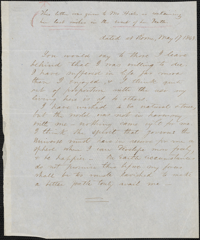 Margaret Fuller manuscript letter (copy) to Thomas Hicks, Rome, 17 May 1848