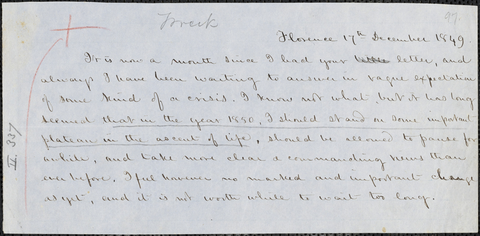 Margaret Fuller manuscript (copy) fragment, Florence, 17 December 1849