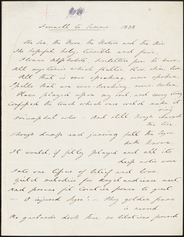 Margaret Fuller autograph manuscript poem, "Farewell to Summer," Summer, 1838