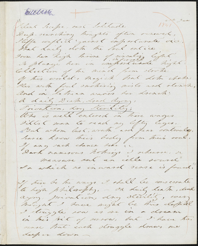 Margaret Fuller autograph manuscript, 5 January 1841