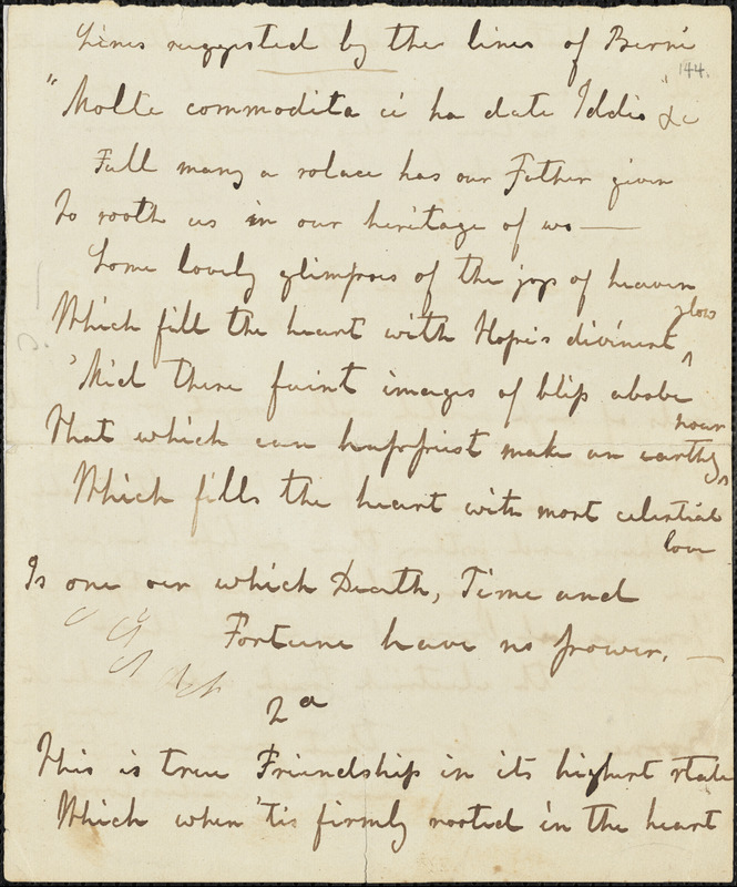Margaret Fuller autograph manuscript verse, 184-?