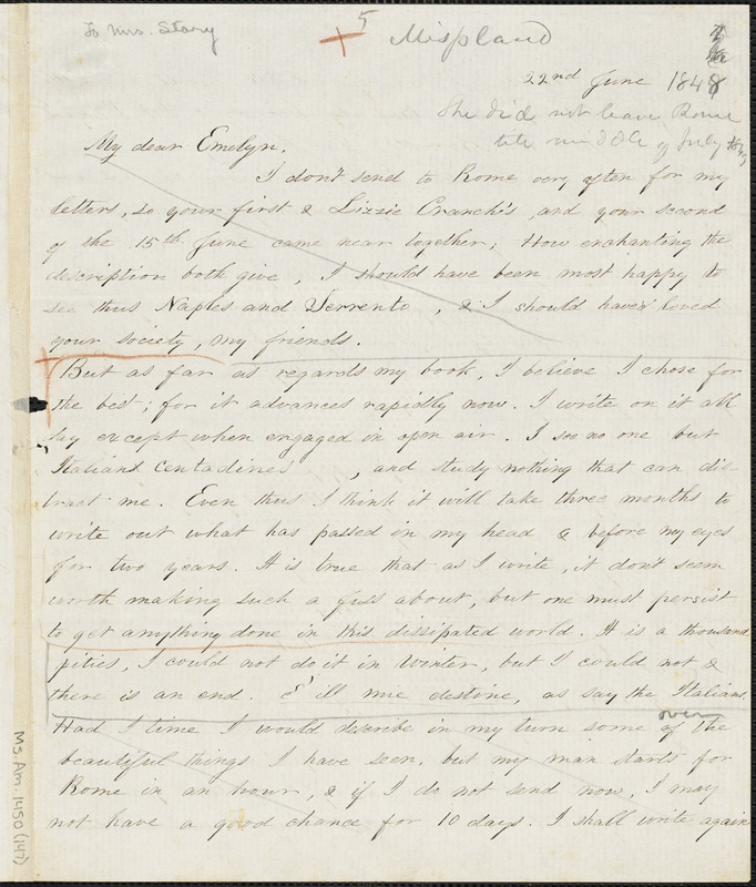 Margaret Fuller manuscript letter (copy) to Mrs. Emelyn Story, Reiti, Italy?, 22 June 1848