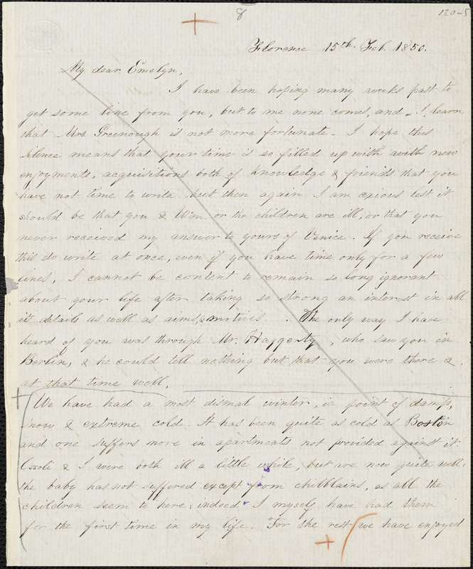 Margaret Fuller manuscript letter (incomplete copy) to Mrs. Emelyn Story, Florence, 15 February 1850