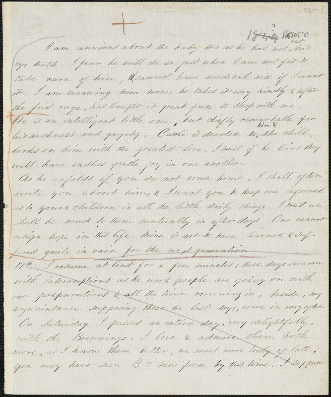 Margaret Fuller manuscript letter (incomplete copy) to Mrs. Emelyn Story, Florence, April 1850?