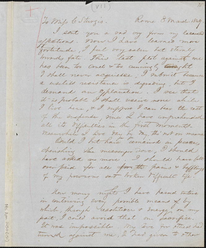 Margaret Fuller autograph letter signed to Caroline Sturgis, Rome, 8 March 1849