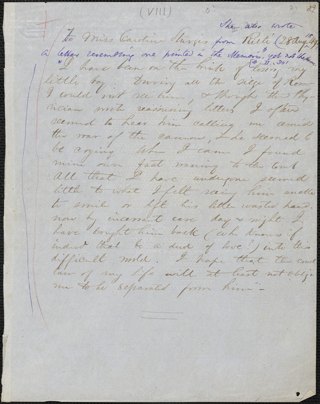 Margaret Fuller autograph letter to Caroline Sturgis, Rieti, Italy, 28 August 1849