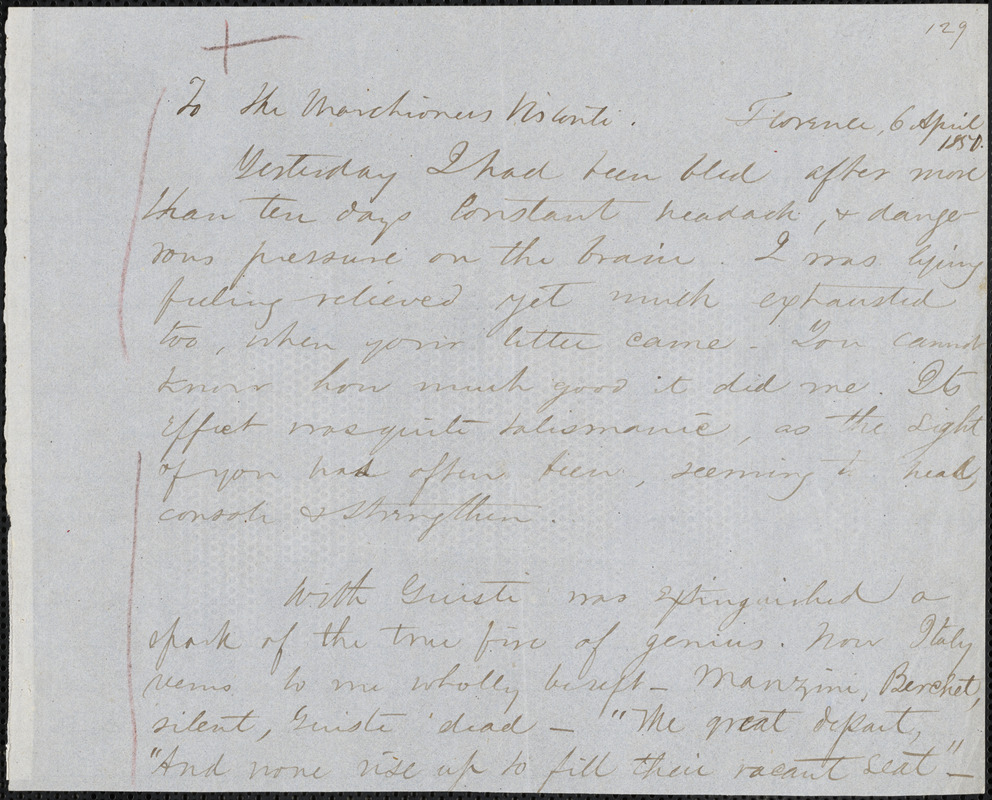 Margaret Fuller autograph letter signed (fragment) to Marchesa Arconati Visconti, Florence, 6 April 1850