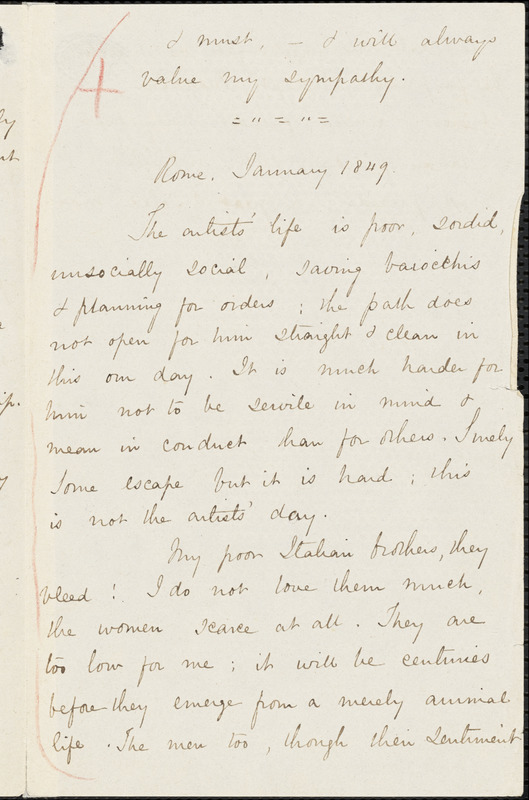 Margaret Fuller manuscript letter (copy), Rome, January 1849