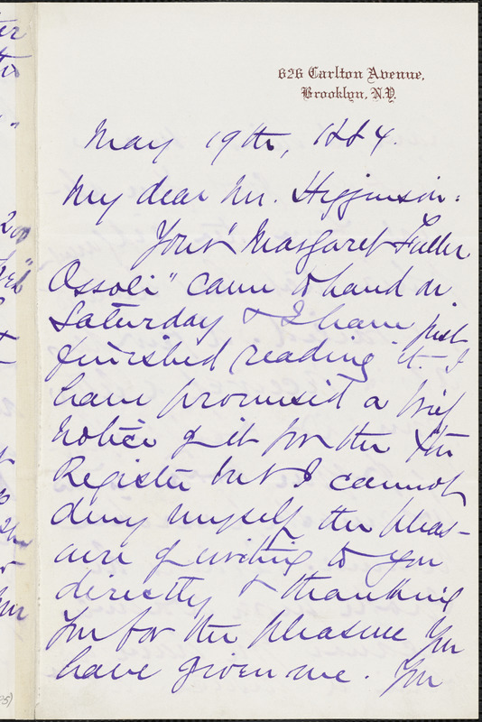 John Chadwick autograph letter signed to Thomas Wentworth Higginson. Brooklyn, 19 May 1884
