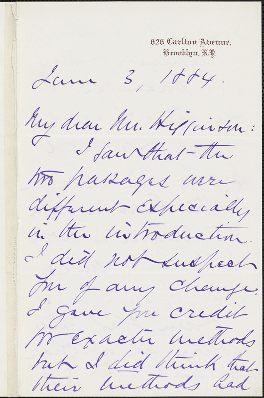John Chadwick autograph letter signed to Thomas Wentworth Higginson. Brooklyn, 3 June 1884