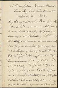 William Henry Channing autograph letter signed to Thomas Wentworth Higginson, London, 4 April 1883
