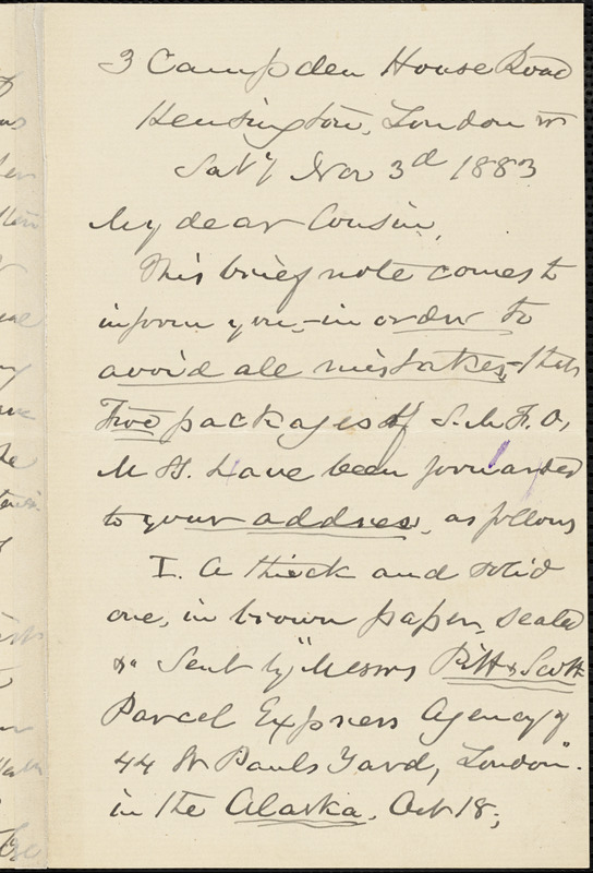 William Henry Channing autograph letter signed to Thomas Wentworth Higginson, London, 3 November 1883