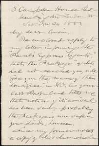 William Henry Channing autograph note signed (initials) to Thomas Wentworth Higginson, London, 24 November 1883