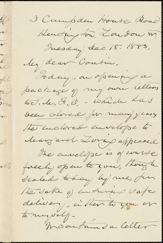 William Henry Channing autograph letter signed to Thomas Wentworth Higginson, London, 18 December 1883