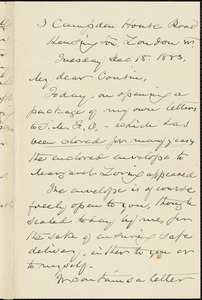William Henry Channing autograph letter signed to Thomas Wentworth Higginson, London, 18 December 1883