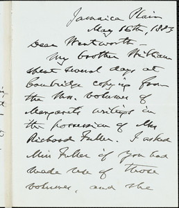 James Freeman Clarke autograph letter signed to Thomas Wentworth Higginson, Jamaica Plain, Mass., 16 May 1883