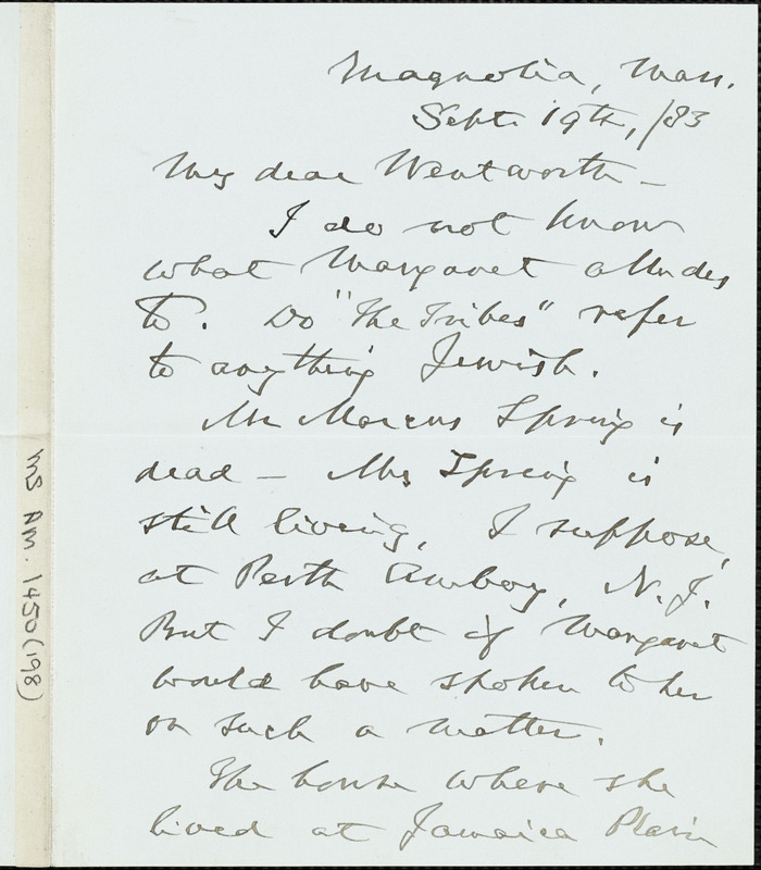 James Freeman Clarke autograph letter signed to Thomas Wentworth Higginson, Magnolia, Mass., 19 September 1883