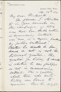 James Freeman Clarke autograph letter signed to Thomas Wentworth Higginson, Jamaica Plain, Mass., 14 April 1884