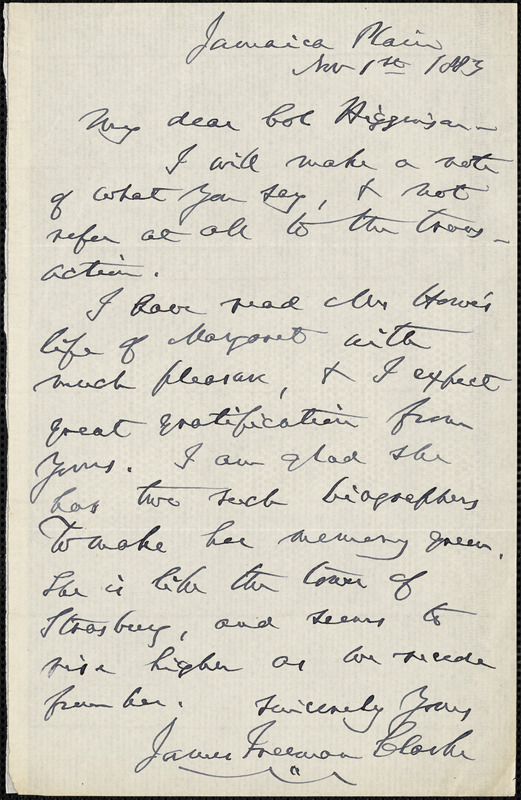 James Freeman Clarke autograph letter signed to Thomas Wentworth Higginson, Jamaica Plain, Mass., 1 November 1883
