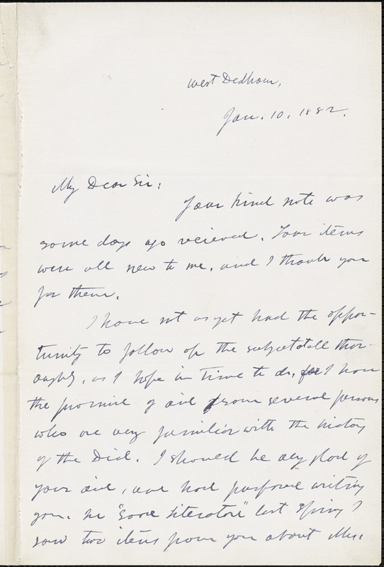 George Willis Cooke autograph letter signed to Thomas Wentworth Higginson. West Dedham, Mass., 1 December 1882