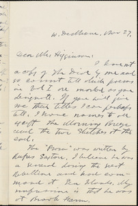 George Willis Cooke autograph letter signed to Thomas Wentworth Higginson, West Dedham, Mass., 27 November 1883?