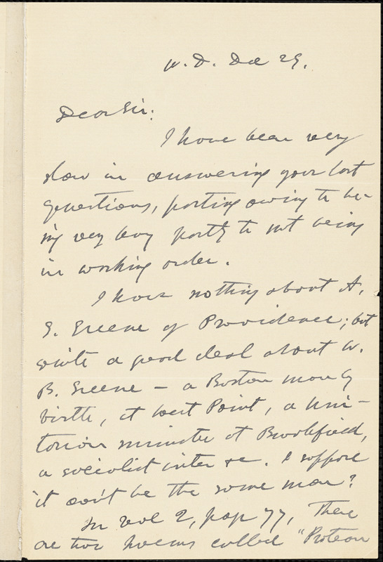 George Willis Cooke autograph letter signed to Thomas Wentworth Higginson, West Dedham, Mass., 29 December 1883?