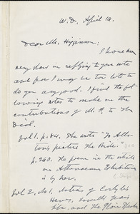 George Willis Cooke autograph letter signed to Thomas Wentworth Higginson, West Dedham, Mass., 16 April 1884?