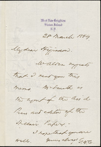 George Willis Curtis autograph note signed to Thomas Wentworth Higginson, Staten Island, N. Y., 28 March 1884