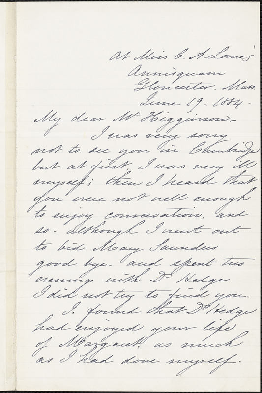 Caroline Wells Healey Dall autograph letter signed to Thomas Wentworth Higginson, Gloucester, Mass., 19 June 1884