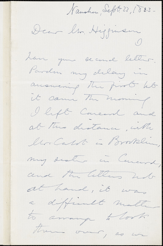 Edward Waldo Emerson autograph note signed to Thomas Wentworth Higginson, Naushon, Mass., 22 September 1883