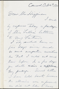Edward Waldo Emerson autograph note signed to Thomas Wentworth Higginson, Concord, Mass., 4 October 1883