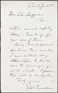 Edward Waldo Emerson autograph note signed to Thomas Wentworth Higginson, Concord, Mass., 27 January 1884