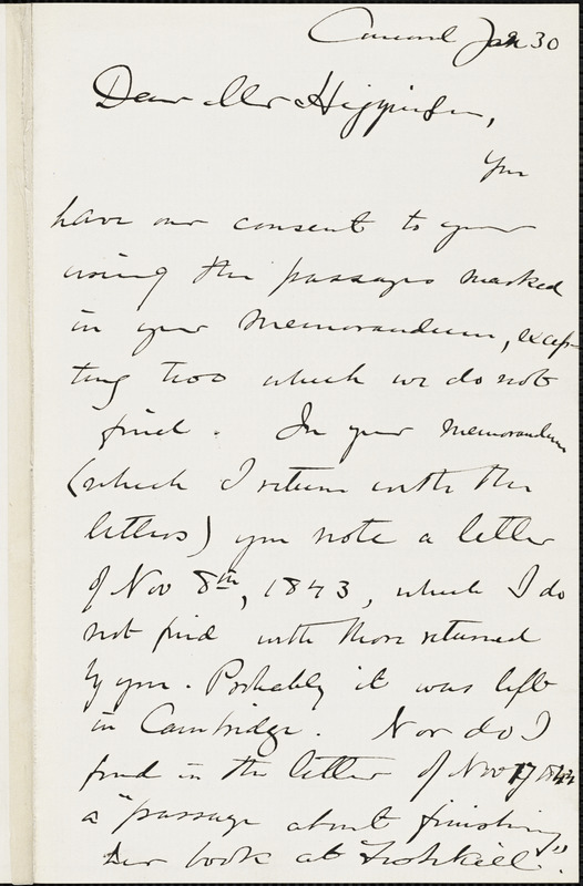 Edward Waldo Emerson autograph note signed to Thomas Wentworth Higginson. Concord, Mass., 30 January 1884