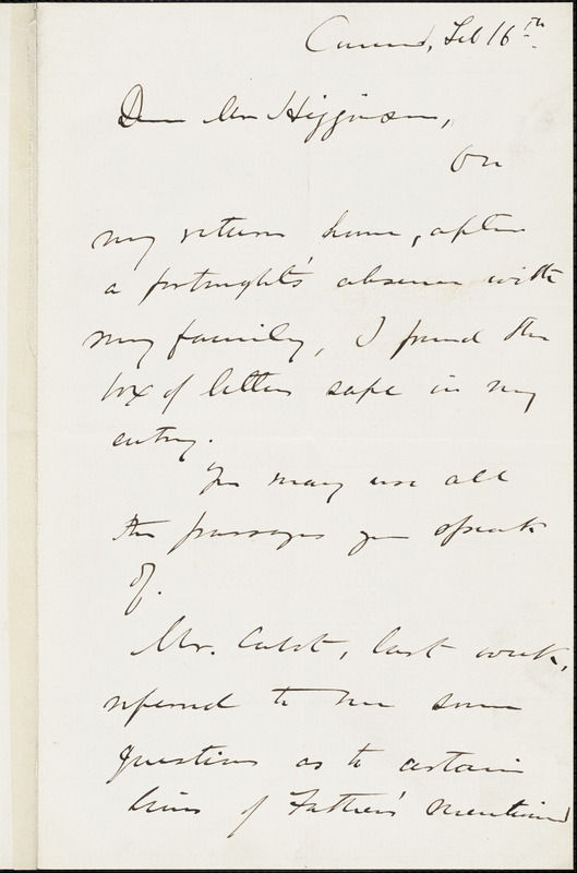 Edward Waldo Emerson autograph letter signed (incomplete) to Thomas Wentworth Higginson, Concord, Mass., 16 February 1884