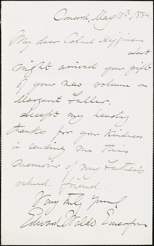 Edward Waldo Emerson autograph note signed to Thomas Wentworth Higginson, Concord, Mass., 10 May 1884